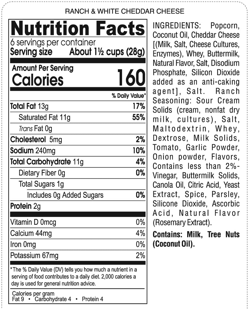 Palo Popcorn Ranch and White Cheddar nutritional facts