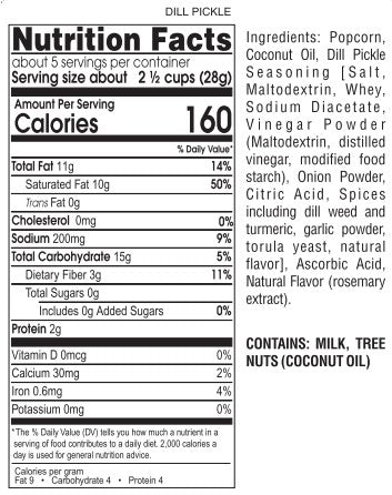 Palo Popcorn Dill Pickle nutritional facts